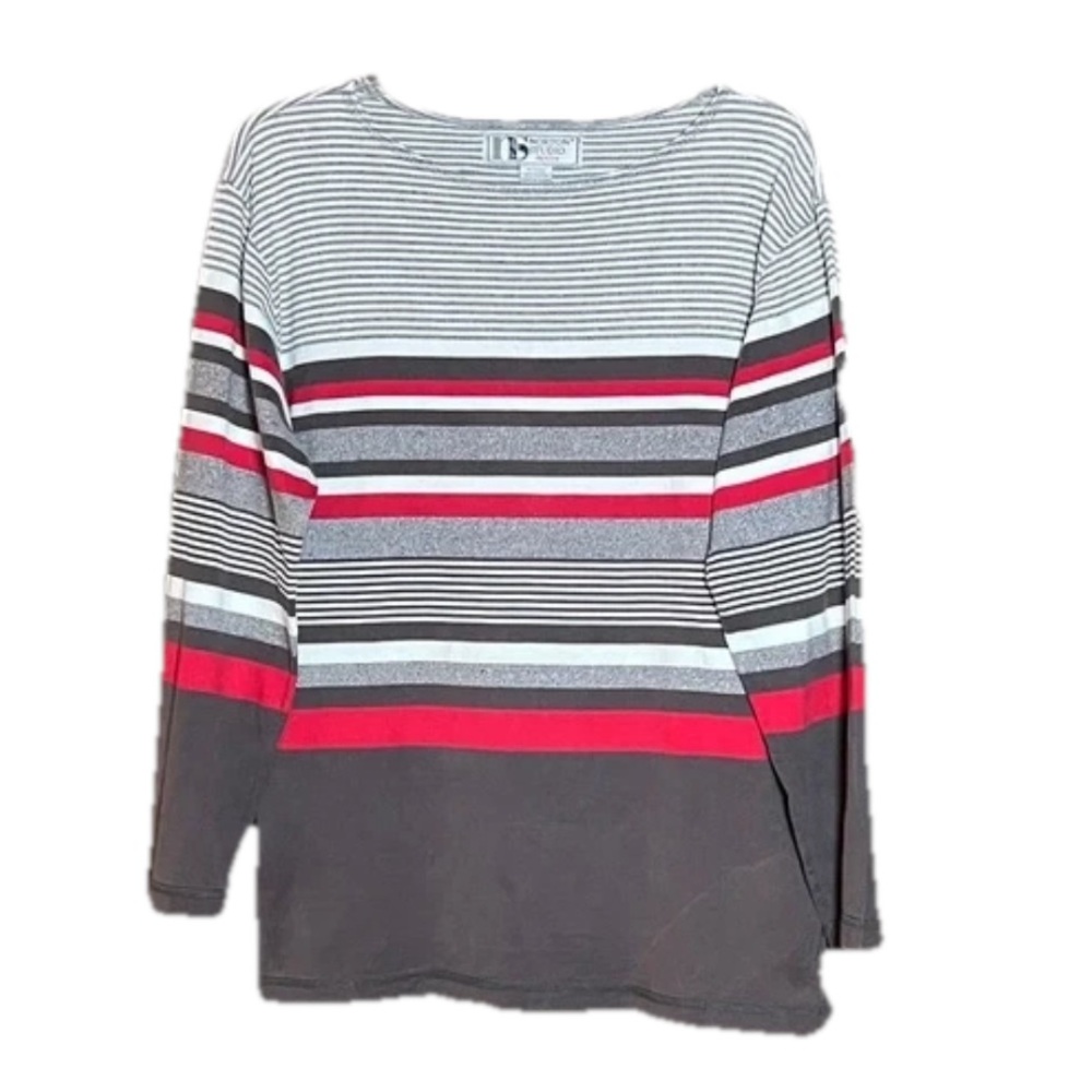 Norton Studio Petite Size Large P Brown Red White Striped Long Sleeve Wpmen Top